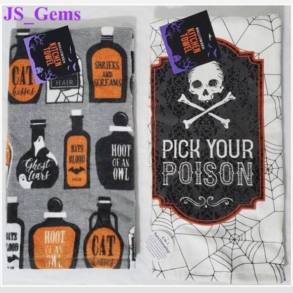 2 New Haunted House Kitchen Towels Halloween Gray & White Poison Potions Set - Picture 1 of 16